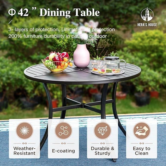 HERA'S HOUSE 5 Pieces Patio Dining Set,Outdoor Dining Set for 4,4 x Rattan Armchair with Removable Soft Cushions and 1 x 42 Inches Round Metal Dining Table, Suitable for Lawn, Garden, Backyard, Deck