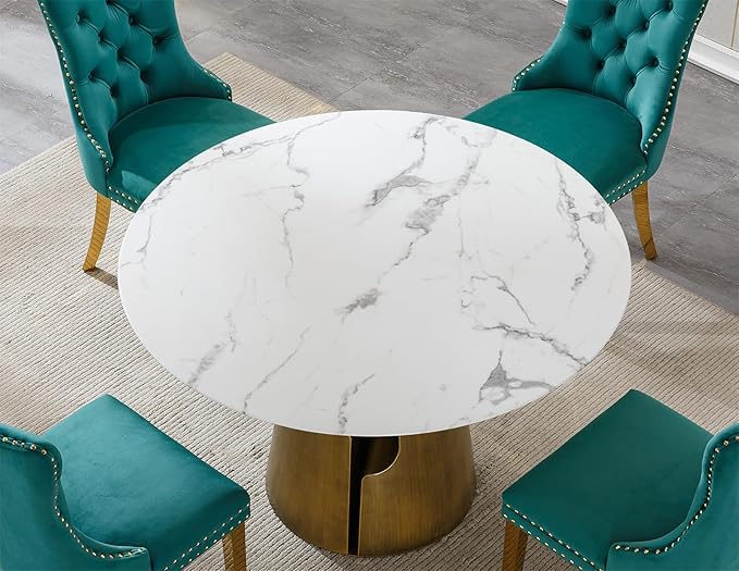 5-Piece Faux Marble Round Dining Table Set for 4, Modern Luxury Kitchen Table Set for 4 with Green Tufted Chairs,Circle Dining Tables with White Marble Grain Top and Bronze Pedestal Base