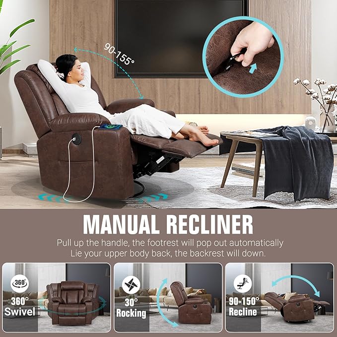 LEVELEVE Retro Rocking Recliner Chair, Massage Rocker Recliner Chair with Vibration Massage and Heat, USB and Type-C Ports,360° Swivel Chairs,Living Room, Bedroom, Nursery, RV, Brown