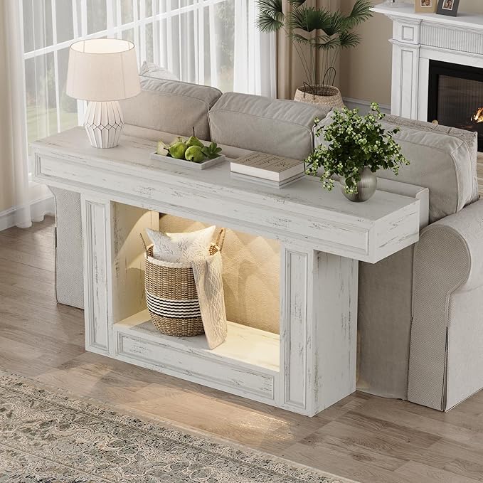 Rresyet 63" Console Table, 2-Tier Entryway Table with Sensor Lights, Coffee Table Behind The Sofa, with U-Shaped Base Suitable for Entryways, Living Rooms, Corridors, and Foyers(White)