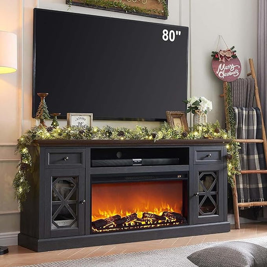 Farmhouse Fireplace TV Stand with 36" Electric Fireplace for 80 Inch TVs, 31" Tall Entertainment Center w/Drawer & Diamond Panel Door, Highboy Media Console for Living Room, 70inch, Dark Grey
