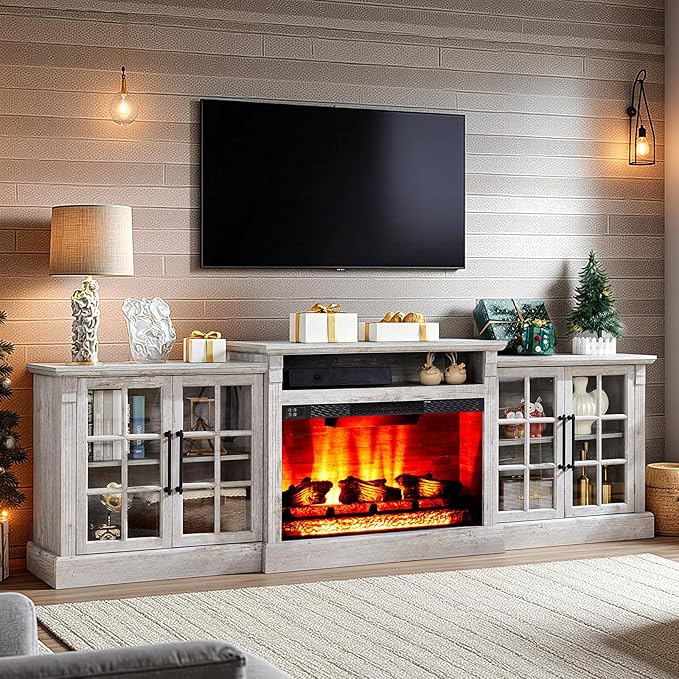 AMERLIFE 97" Farmhouse Fireplace TV Stand, Entertainment Center with Large Storage Space and Adjustable Shelf, Media Console for Living Room, Light Grey