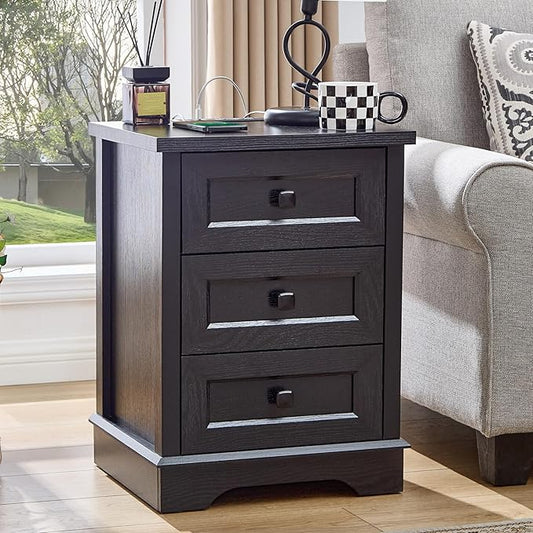SOOWERY Dresser for Bedroom, Farmhouse Dresser with 3 Wooden Drawers and Storage Cabinet, 25 Inches Tall Side Table Chest of Drawers for Bedroom, Living Room, Hallway, Black