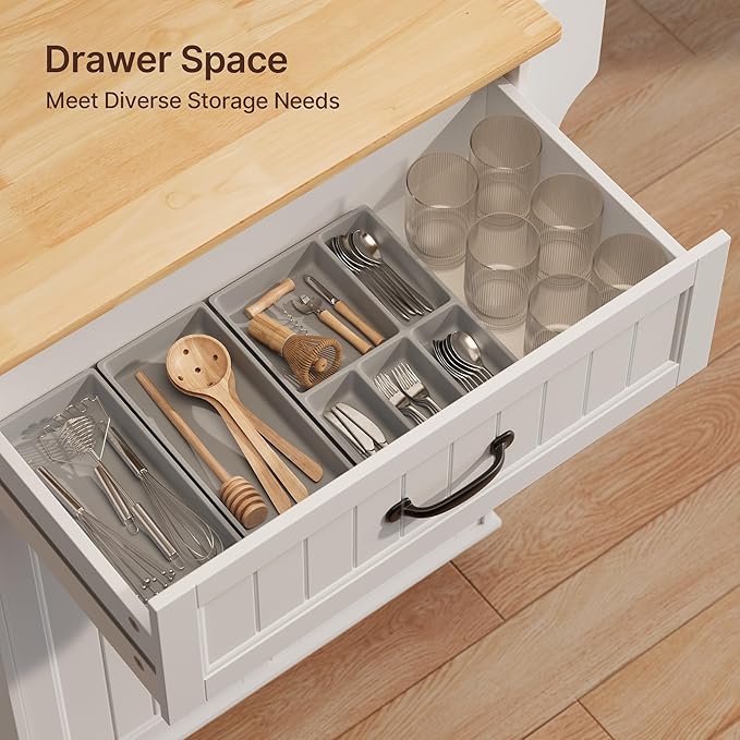 Gizoon Kitchen Island Cart with Adjustable Shelf, 33" W Mobile Trolley Cart on Metal Wheels with Drawer & Storage Cabinet, Spice Rack & Towel Rack, Wooden Countertop, for Dining Room, Bar, White