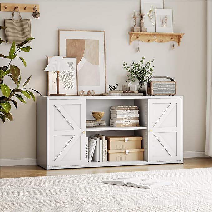 Modern Steel TV Stand Entertainment Center with Adjustable Shelves, Hidden Storage, Cable Management for TVs 43-65 inches - White