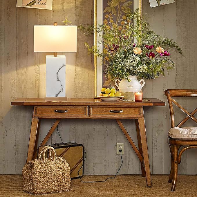 24" White Table Lamp Set of 2 Touch Control, Lamps for Living Room with USB, 3-Way Dimmable Bedside Nightstand Lamps, Gold Lamp Set for Bedroom, Marble Base Side Lamp for End Tables, Bulbs Included