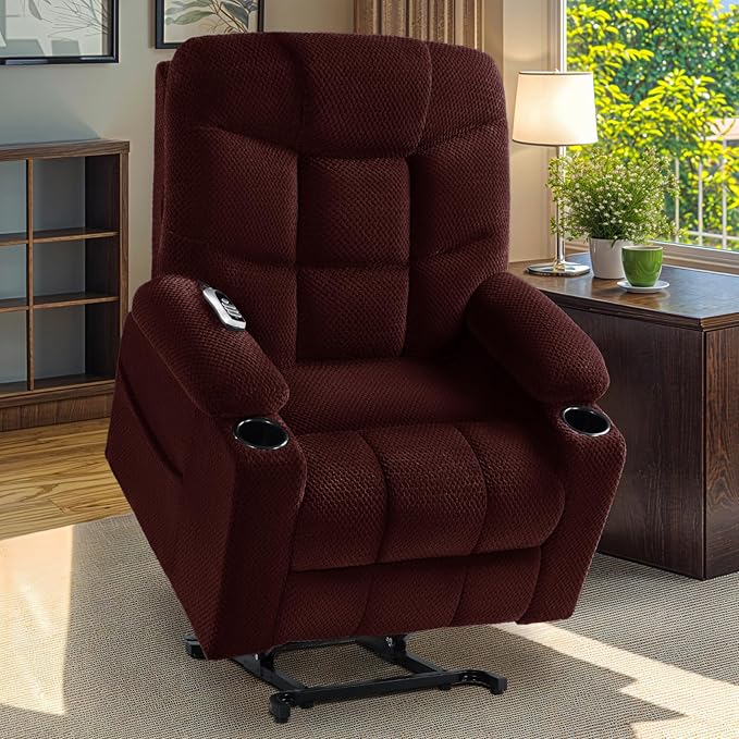 Triple Motor Large-Wide Power Lift Recliner Chair with Power Headrest for Big and Tall Elderly, Infinite Position, Massage Heat, Extend Footrest, USB, Cup Holder, Plush Flannel Red