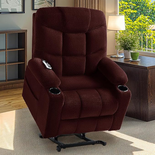 Triple Motor Large-Wide Power Lift Recliner Chair with Power Headrest for Big and Tall Elderly, Infinite Position, Massage Heat, Extend Footrest, USB, Cup Holder, Plush Flannel Red