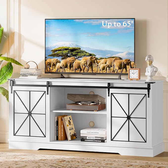 Farmhouse TV Stand for 55 60 65 Inch TV,Mid Century Modern TV Cabinet with Storage Sliding Barn Doors,Easy Assembly,Entertainment Center Console Table for Bedroom Living Room-White&Metal Black
