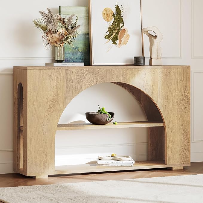 Sofa Console Table with Storage, 55" Farmhouse 3-Tier Hallway Wood Table for Living Room, Hallway, Foyer, Natural Wood