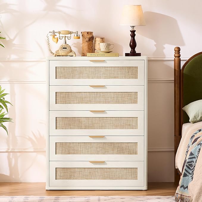 LEYAOYAO White Dresser for Bedroom, 41" Tall Chest of Drawers, Modern 5 Drawers Boho Rattan Dressers with Storage, Dresser Wooden Closet Organizer for Living Room, Hallway