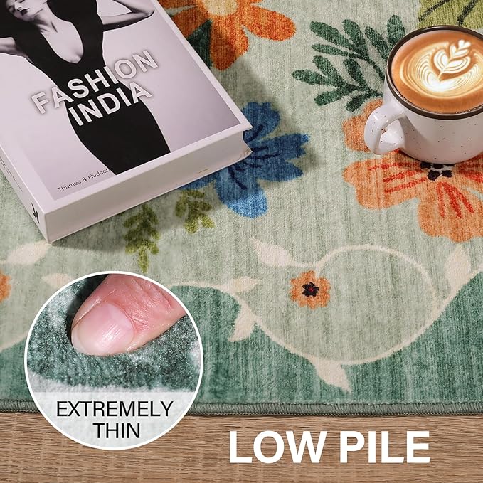 DUKINO 5x7 Area Rug, Floral Rugs for Living Room, Lightweight Non Slip Washable Rug, Indoor Low Pile & Non-Shedding Boho Design Rugs for Bedroom, Living Room, Dining Room, Green