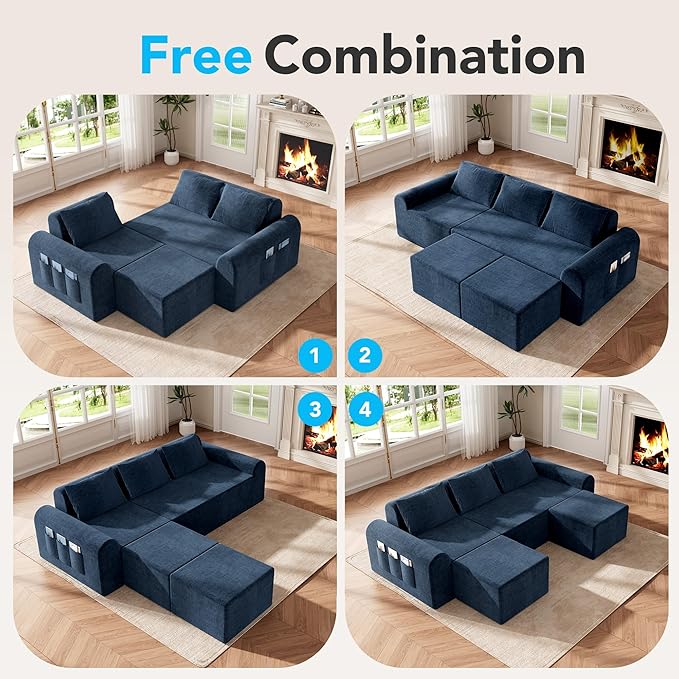 Cloud Sectional Couch with 2 Ottomans & 3 Pillows, Boneless Couches for Living Room, U Shaped Sectional Sofa Deep Seat Comfy Couch for Small Spaces, No Assembly Required, 72h to Restore
