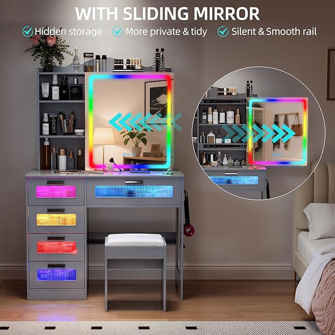 LED Vanity with Sliding Mirror, Smart Makeup Table with 5 Drawers 6 Shelves, Make Up Vanity Desk with Charging Station 14 Color Lighting Modes, Cushioned Stool, USB Type-C for Bedroom Gray