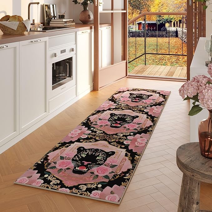 Runner Rug for Kitchen Rug Non Slip 2'x6' Washable Rugs with Rubber Backing Soft Retro Lavish Leopard Animal Carpet Runner for Kitchen, Laundry, Bedroom, Bathroom (Black Pink)