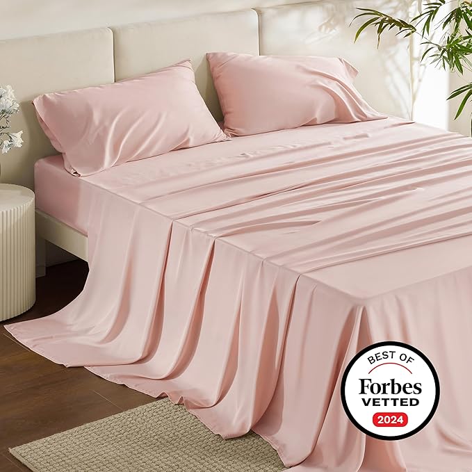 Bedsure California King Sheet Sets, Cooling Sheets for Hot Sleepers, Rayon Derived from Bamboo, Breathable & Soft, Deep Pocket Up to 16 Inches, Hotel Luxury Silky Bedding, Pink