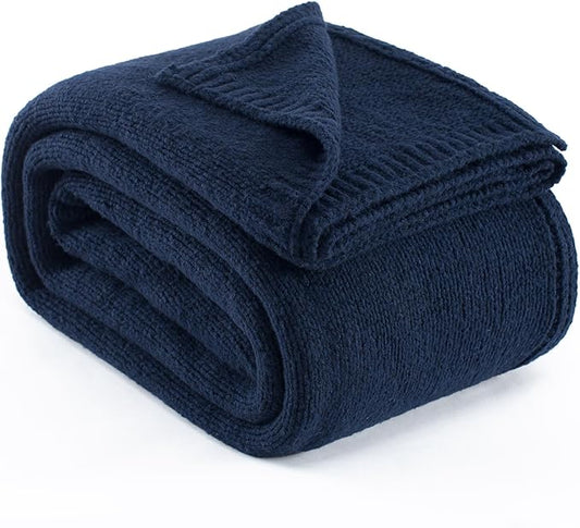 Carriediosa Wool Blend Knit Throw Blanket 60" X 80" Twin, 50% Recycled Polyester Soft Cable Knitted Fluffy Throws for Couch Lightweight Woven Blankets for Sofa Fuzzy Cozy Bed Cover, Indigo Blue