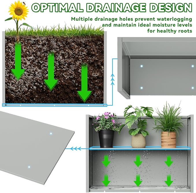 Tall Metal Planter Box, 36" L x 12" W x 26" H Large Outdoor Planters with Drainage & Adjustable Shelf, Heavy Duty Steel Rectangular Planter for Patio, Balcony, Indoor(Gray)
