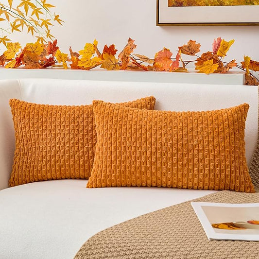 Kevin Textile Fall Throw Pillow Covers Soft Corduroy Decorative Set of 2 Boho Striped Pillow Covers Pillowcases Farmhouse Home Decor for Couch Bed Sofa Living Room 12x20 Inch Orange Yellow