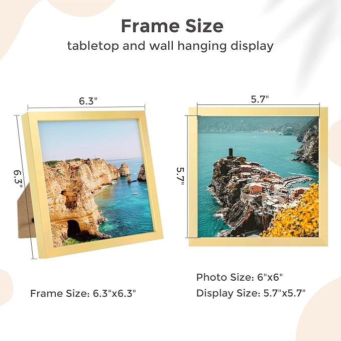 6x6 Metal Picture Frame - Gold Aluminum Square Frames with Real Glass, Wall Mounting Horizontally or Vertically, Simple and Elegant Decor for Wall Gallery Poster Photo Frames, Gold