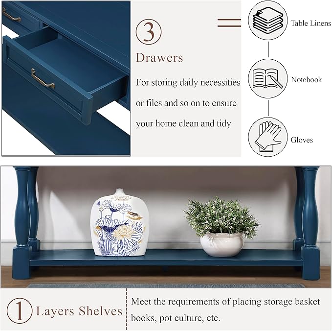63inch Solid Wood Console Table with 3 Drawers and 1 Bottom Shelf Extra-Thick Sofa Table (Navy Blue)