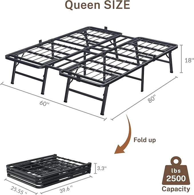 18 Inch Queen Metal Bed Frame Folding Bed Frame Tool-Free Assembly Mattress Foundation No Box Spring Needed Platform 2500lbs Heavy Duty Steel Slats, Noise-Free, Easy Assembly, Black