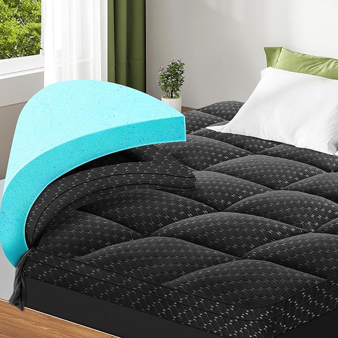Dual Layer 3 Inch Memory Foam Mattress Topper Twin Size, 2 Inch Cooling Gel Memory Foam Plus 1 Inch Pillow Top Mattress Pad Cover, with 8-21 Inch Deep Pocket, Black