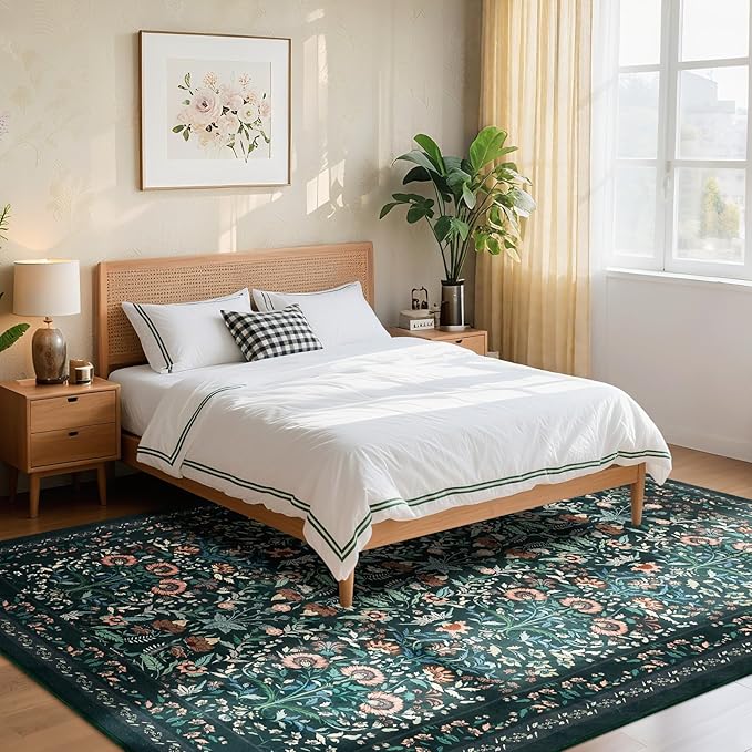 Area Rug Living Room Rug, 6X9 Rugs for Living Room Floral Boho Low Pile Super Soft Washable Rug, Stain Resistant Indoor Floor Non-Slip Carpet for Bedroom Bedside Dining Room Kitchen Nursery, Green