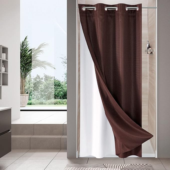 MitoVilla Brown Waffle Small Stall Shower Curtain 36 x 74, No Hooks Required Half Size Narrow Fabric Shower Curtain Set with Snap-in Liner for Modern Bathroom Decor, Dark Brown