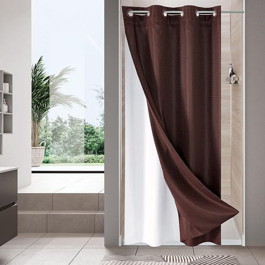MitoVilla Brown Waffle Small Stall Shower Curtain 36 x 74, No Hooks Required Half Size Narrow Fabric Shower Curtain Set with Snap-in Liner for Modern Bathroom Decor, Dark Brown