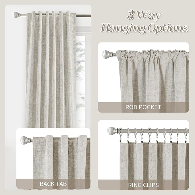 Beige Cream Linen 100% Blackout Curtains 45 Inches Long 2 Panels Set for Kitchen Back Tab Thermal Insulated Black Out Linen Drapes Room Darkening Short Window Curtains 45 Inch Length