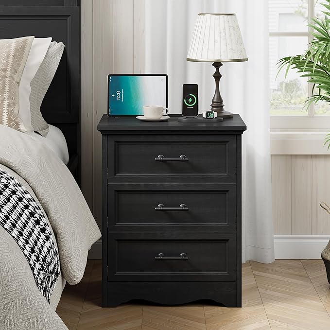 Farmhouse Nightstand with Charging Station, 19.7" End Table with 3 Drawers Storage, Black Wooden Night Stand, Bed Side Table with Unique Base Design, 3 Drawer Dresser for Bedroom, Living Room