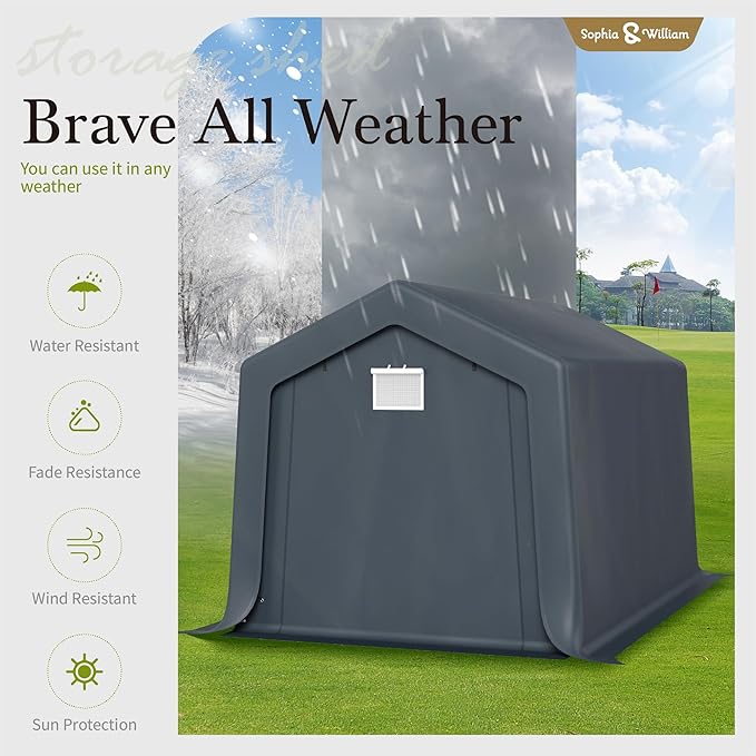Sophia & William Outdoor Storage Shed Carport 8x12 ft Heavy Duty, Portable Garden Yard Car Port Shelter Storage Tent Garage with Roll Up Doors and Ventilation, Grey