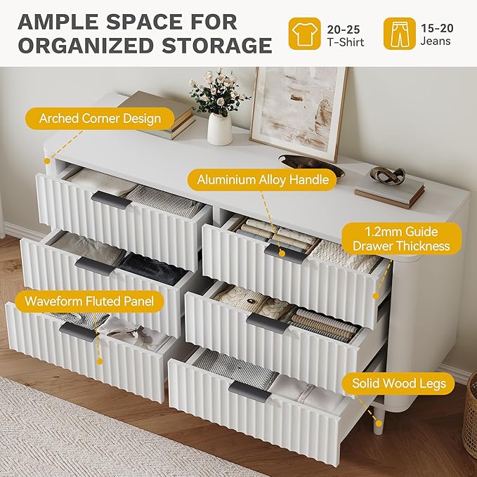 DWVO 6 Drawer Dresser with Waveform Fluted Panel, Wider Modern Closet Dressers Chest of Drawers, Wood Storage Dresser Organizer for Dorms, Flats, Hallways, White