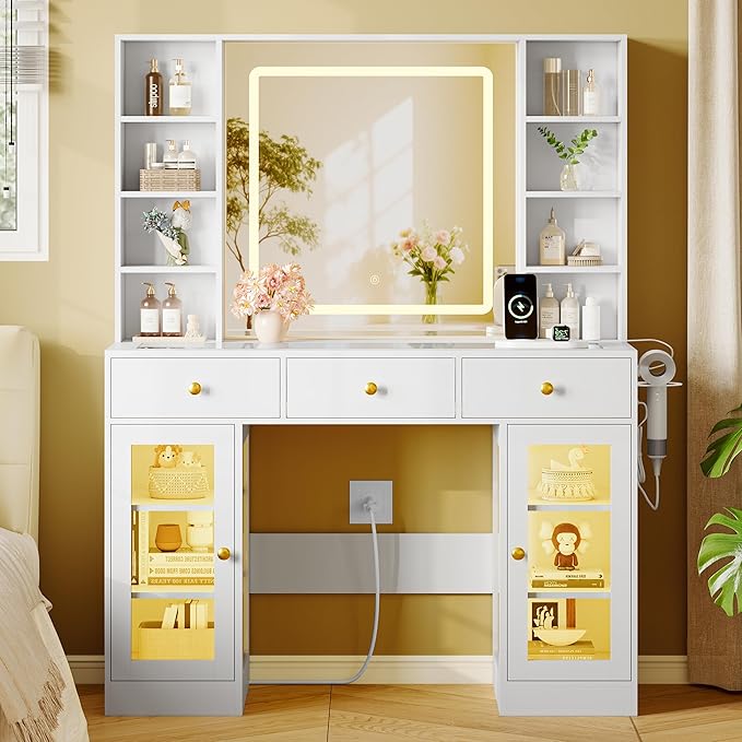 Makeup Vanity Desk with HD Lighted Mirror & Power Outlet, Glass Top Vanity Table Set with Storage Drawers & RGB Cabinets, Large Dressing Table with 3 Lighting Modes for Bedroom Women Girls Kids, White