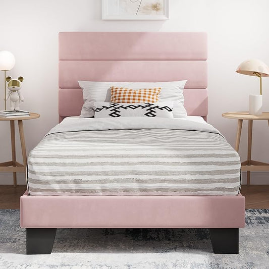 SHA CERLIN Twin Platform Bed Frame with Velvet Upholstered Headboard, Mattress Foundation with Strong Wooden Slats Support, No Box Spring Needed, Pink