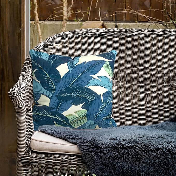 Outdoor Pillows for Patio Furniture 18x18 inch, Square Outdoor Throw Pillows with Inserts, Decorative Toss Pillows for Garden Couch Home Sofa Office Chair, Pack of 2, Swaying Palms Blue