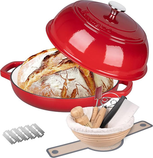 Enameled Cast Iron Dutch Oven Pot with Lid, Bread Oven for Sourdough Bread Baking, Dutch Ovens with Bread Proofing Basket& Baking Supplies Set, 6 Quart, Red
