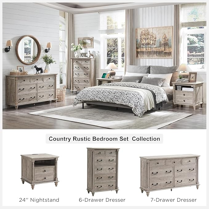 T4TREAM Farmhouse 7 Drawers Dresser Chests for Bedroom w/ 4 Column Solid Wood Feet, Tall Wide Wood Country Rustic Chest of Drawers, Storage Dressers for Bedroom, Living Room, Light Rustic Oak