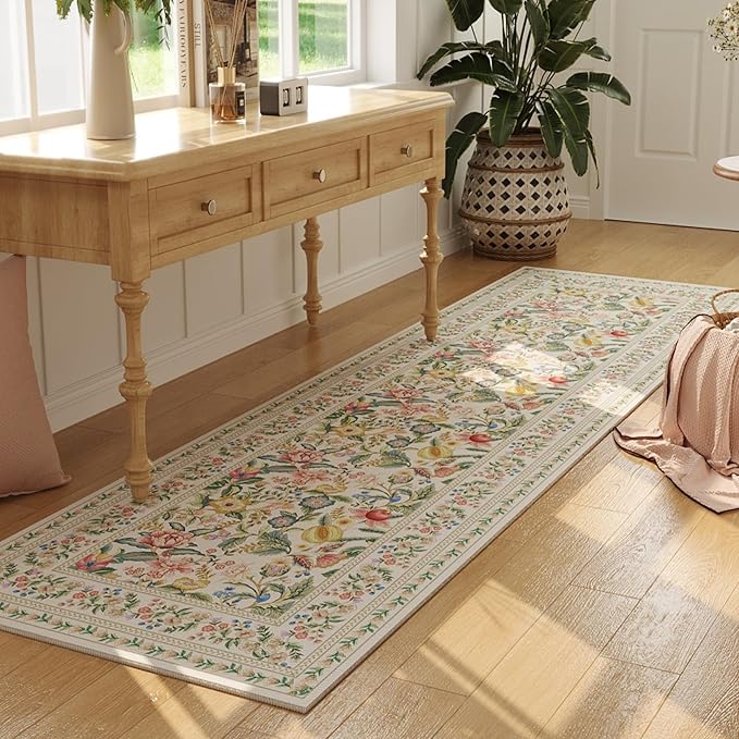 Runner Rug for Kitchen Rug Non Slip 2'x6' Washable Rugs with Rubber Backing Soft Vintage Floral Carpet Runner for Kitchen, Laundry, Bedroom, Bathroom, Beige