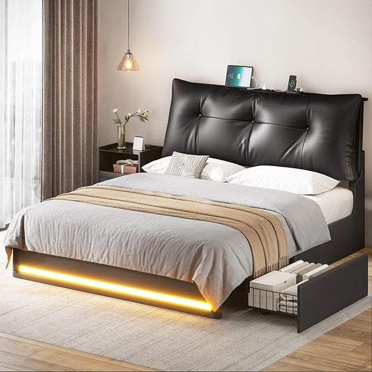 AOGLLATI Full Size Bed Frame with Removable Upholstered Thick Backrest Headboard, Led Bed Frame Full Size with 4 Storage Drawers and Charging Station, No Spring Box Needed, Black