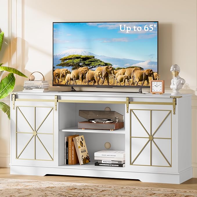 Farmhouse TV Stand for 55 60 65 Inch TV, Mid Century Modern TV Cabinet with Storage and Sliding Barn Doors, Easy Assembly, Entertainment Center Console Table for Bedroom Living Room-White