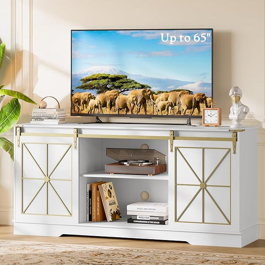 Farmhouse TV Stand for 55 60 65 Inch TV, Mid Century Modern TV Cabinet with Storage and Sliding Barn Doors, Easy Assembly, Entertainment Center Console Table for Bedroom Living Room-White
