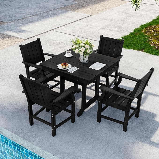 5-Piece HDPE Outdoor Dining Set, Wood-Like Design Outdoor Table and Chairs with Elegant Armrest, All-Weather Patio Table and Chairs Set with Umbrella Hole for Porch, Poolside, Black