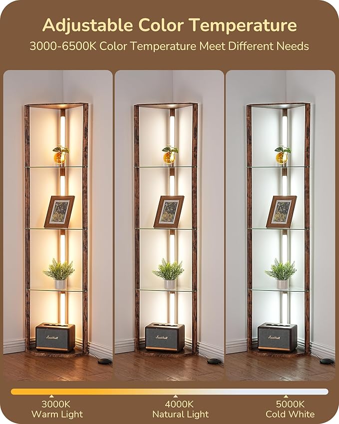 EDISHINE Corner Shelf with Light, 5-Tier Glass Display Shelf with Remote/Foot Control, 3CCT & Dimmable Corner Lamp, Open Display Cabinet, Standing Lamp for Living Room, Bedroom, Flamewood Color