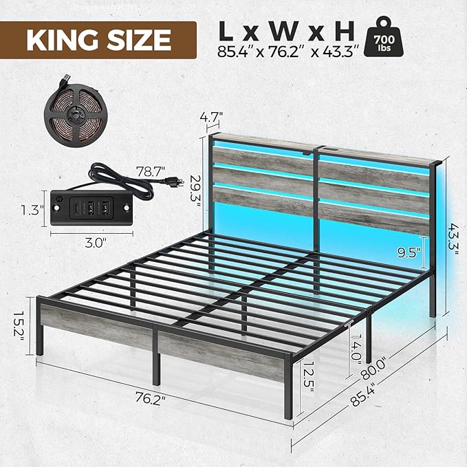 Rolanstar Bed Frame King Size with USB Charging Station, LED Bed Frame with Wood Storage Headboard, Light Grey Metal Platform Bed with Under Bed Storage, No Box Spring Needed, Noise Free