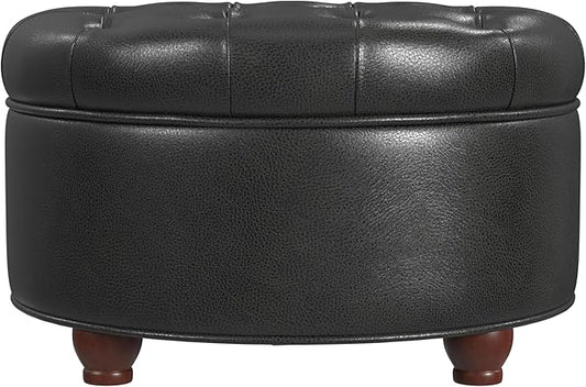 HomePop Home Decor | Button Tufted Faux Leather Round Storage Ottoman | Ottoman with Storage for Living Room & Bedroom (Black Faux Leather)