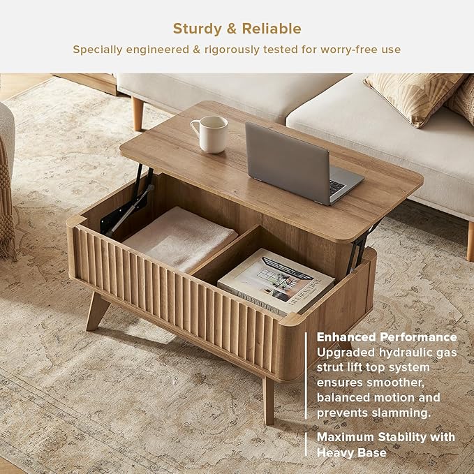 mopio Brooklyn Coffee Table, Lift Top Coffee Tables for Living Room, Mid Century, Modern Farmhouse Center Table with Lifting Top & Hidden Storage, Fluted Panel, Rising Pull Up (Oak Fluted)