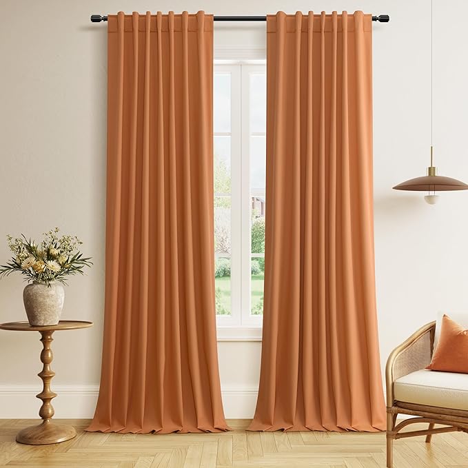 Guken Orange Blackout Curtains 96 Inch Length 2 Panels Set for Living Room Bedroom Back Tab Thermal Insulated 100% Black Out Linen Drapes Room Darkening Window Curtains 96 Inches Long