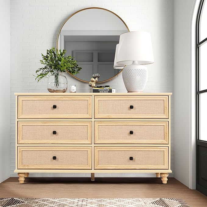 ORRD 6 Drawer Dresser for Bedroom, Mid Century Modern Wide Wood Rustic Chest of Drawers Wooden Storage Organizer Dressers with Burlap Rattan Drawers for Living Room, Hallway Closet, Entryway, Natural